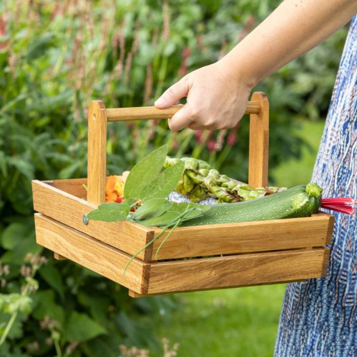 Holzkiste mit Griff, gef&uuml;llt mit frischem Gem&uuml;se, darunter Zucchini und Bohnen, wird von einer Person mit blau-gemustertem Kleid im Garten getragen.