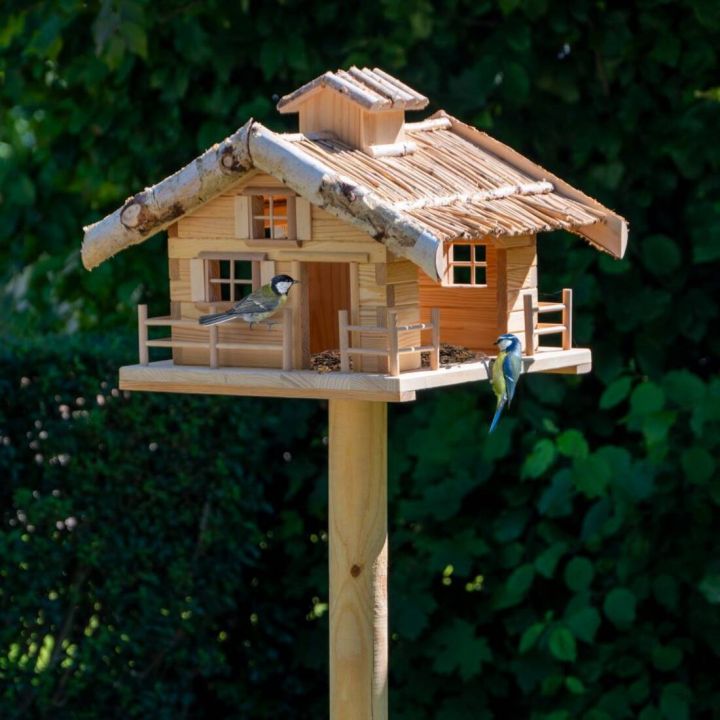 Holzvogelhaus auf Pfosten mit zwei Vögeln im Garten. Details: Hölzerne Struktur, mit Ästen dekoriertes Dach. Vögel sitzen auf der Plattform, Hintergrund aus grünen Blättern.