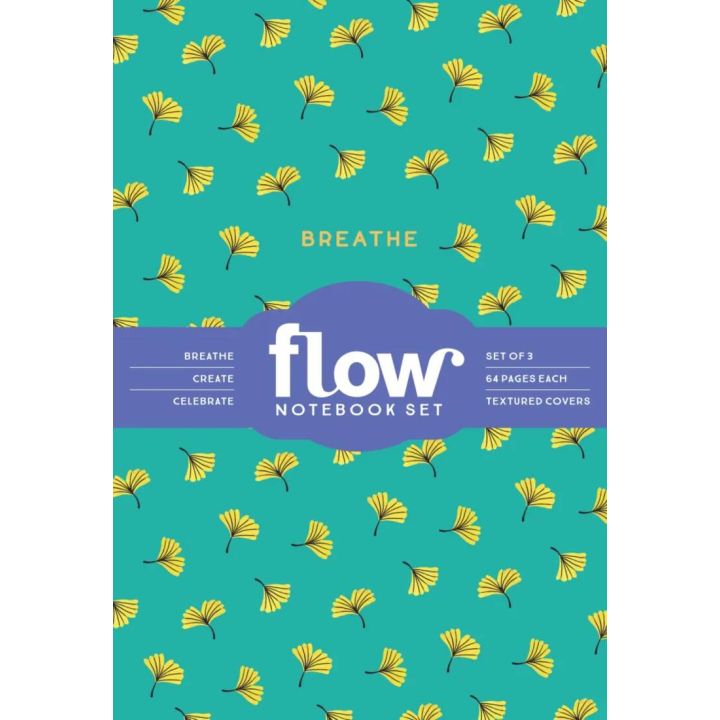 Notizbuch-Set „Flow“ mit türkisfarbenem Cover und gelbem Blattmuster, Text „Breathe“. Set enthält drei Notizbücher, jeweils 64 Seiten mit Texturcover. Texte „Breathe“, „Create“, „Celebrate“ und „Flow Notebook Set“.