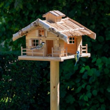 Holzvogelhaus auf Pfosten mit zwei Vögeln im Garten. Details: Hölzerne Struktur, mit Ästen dekoriertes Dach. Vögel sitzen auf der Plattform, Hintergrund aus grünen Blättern.