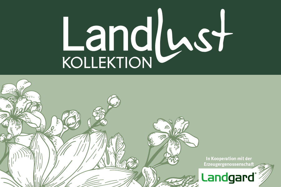 Grünes Banner mit weißem Text Landlust Kollektion. Unten florale Zeichnung in Weiß. Logo der Erzeugergenossenschaft Landgard rechts unten. Kooperation wird erwähnt.