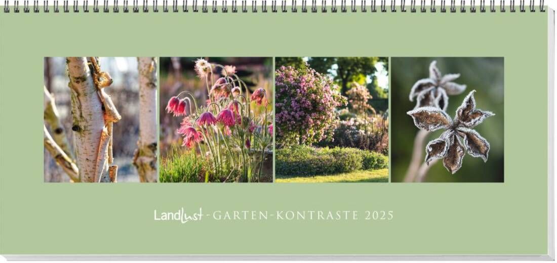 Spiralgebundener Wandkalender mit dem Titel "Landlust Garten Kontraste 2023" auf hellgrünem Hintergrund. Vier Bilder zeigen Birkenrinde, rosa Blüten, einen blühenden Garten und gefrorene Blätter. Bild verlinkt zum Produkt.