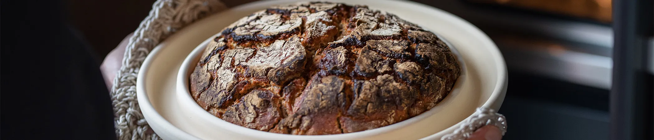 Header, Ein frisch gebackenes, rundes Brot mit knuspriger, rissiger Kruste liegt auf einem weißen Teller. Das Brot hat eine dunkelbraune Kruste mit sichtbaren Brotlinien. Der Teller wird von jemandem gehalten, die Person ist jedoch nicht vollständig.