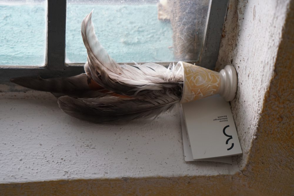 Eine cremefarbene Tasse mit Federn steht auf einer Fensterbank neben einer rechteckigen Karte mit schwarzem Aufdruck. Das Fenster zeigt leicht blaue Scheiben, die von einer Metallstrebe geteilt werden.