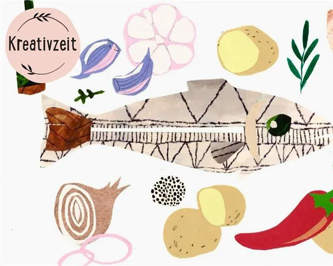 Illustration eines Fisches, umgeben von Lebensmitteln: Zwiebeln, Knoblauch, Kartoffeln, Chili, Rosmarin. Links in einem kreisförmigen Logo der Text Kreativzeit. Bunte, stilisierte Darstellung auf weißem Hintergrund. Bild verlinkt zum Workshop.