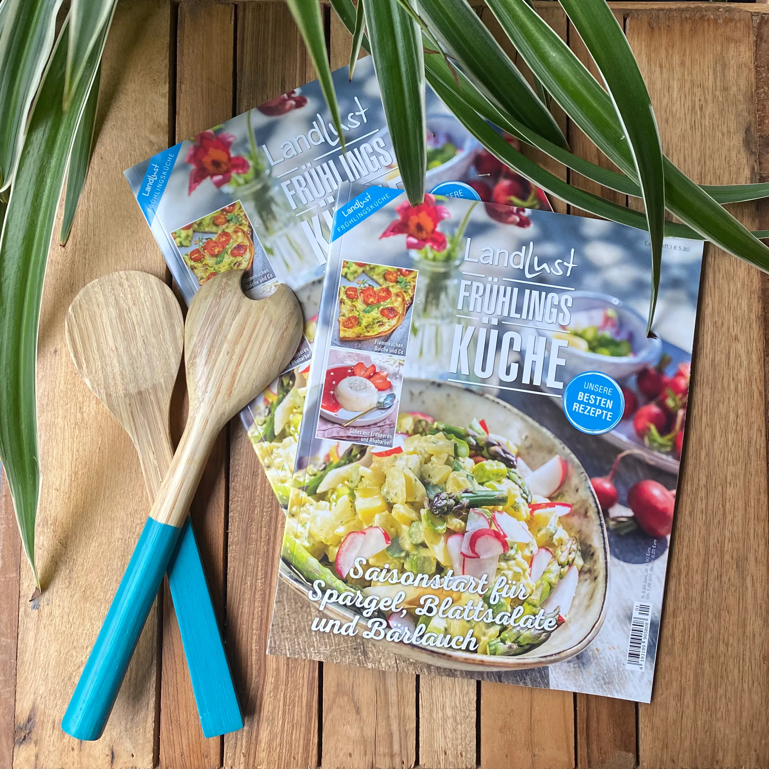Zwei Exemplare eines Kochmagazins mit dem Titel "Frühlingsküche" liegen auf einem Holztisch. Auf dem Cover ist ein Teller mit einem bunten Salat abgebildet, umgeben von frischen Zutaten wie Spargel und Radieschen, Bild verlinkt zum Heft