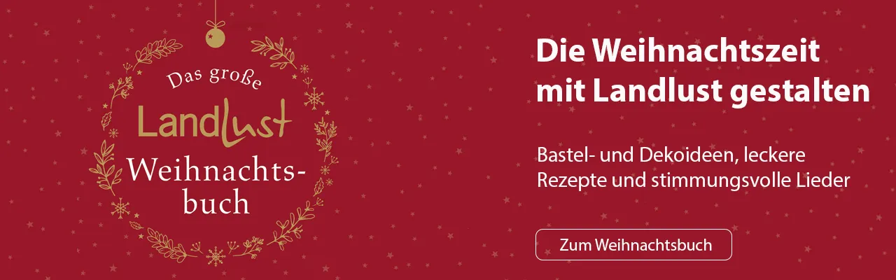 Roter Hintergrund mit dem Text Das große Landlust Weihnachtsbuch. Rechts steht: Die Weihnachtszeit mit Landlust gestalten. Bastel- und Dekoideen, leckere Rezepte und stimmungsvolle Lieder. Bild verlinkt zum Produkt.