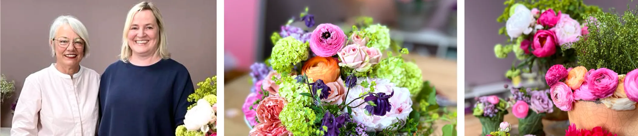 Zwei Frauen stehen nebeneinander, lächelnd in die Kamera. Rechts daneben zwei Bilder von bunten Blumenarrangements in Vasen, bestehend aus Rosen, Ranunkeln und grünen Blattschmuck. Hintergrund leicht unscharf.