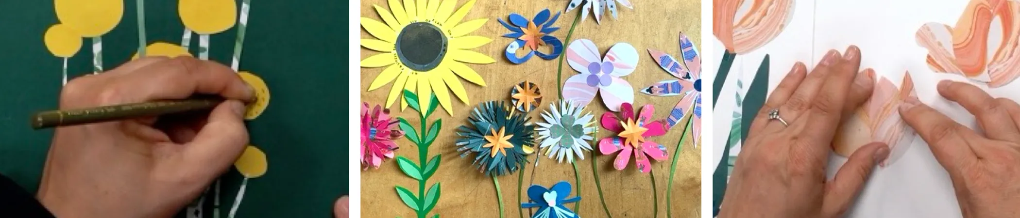 Person malt gelbe Blumen mit Stift auf dunkelgrünem Hintergrund; handgefertigte Papierblumen in verschiedenen Farben auf Holztisch; Hände formen aus Papierstücken Blumen auf weißem Hintergrund.