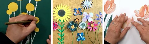 Person malt gelbe Blumen mit Stift auf dunkelgrünem Hintergrund; handgefertigte Papierblumen in verschiedenen Farben auf Holztisch; Hände formen aus Papierstücken Blumen auf weißem Hintergrund.