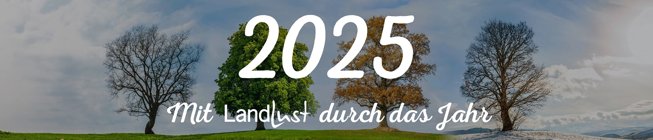Das Bild zeigt vier Bäume in verschiedenen Jahreszeiten auf einem Hügel, von links nach rechts: Winter, Frühling, Sommer, Herbst. Darüber steht groß "2025", darunter der Text "Mit Landlust durch das Jahr". Der Himmel ist bewölkt.