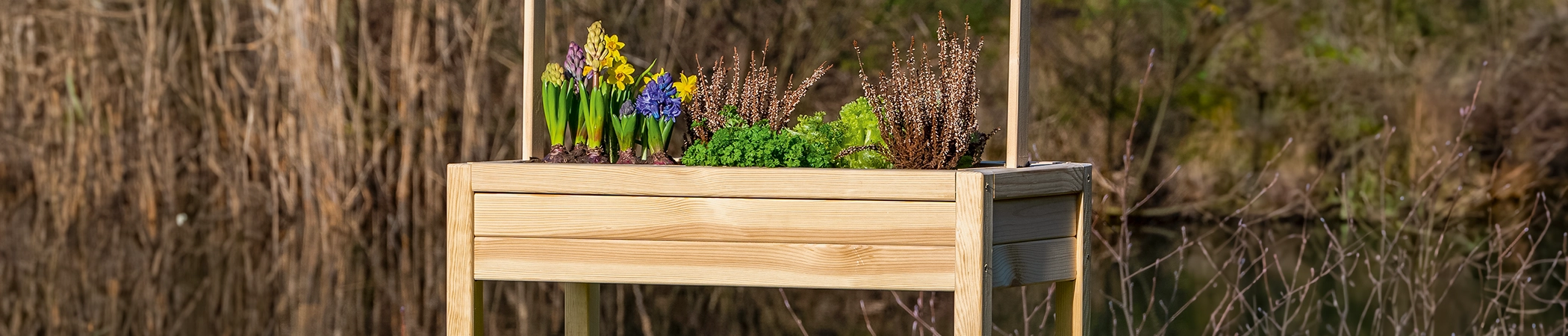 Hölzerner Blumenkasten auf Beinen, bepflanzt mit gelben, lila und blauen Blumen sowie grünen und braunen Pflanzen. Im Hintergrund unscharf Bäume und ein Teich.