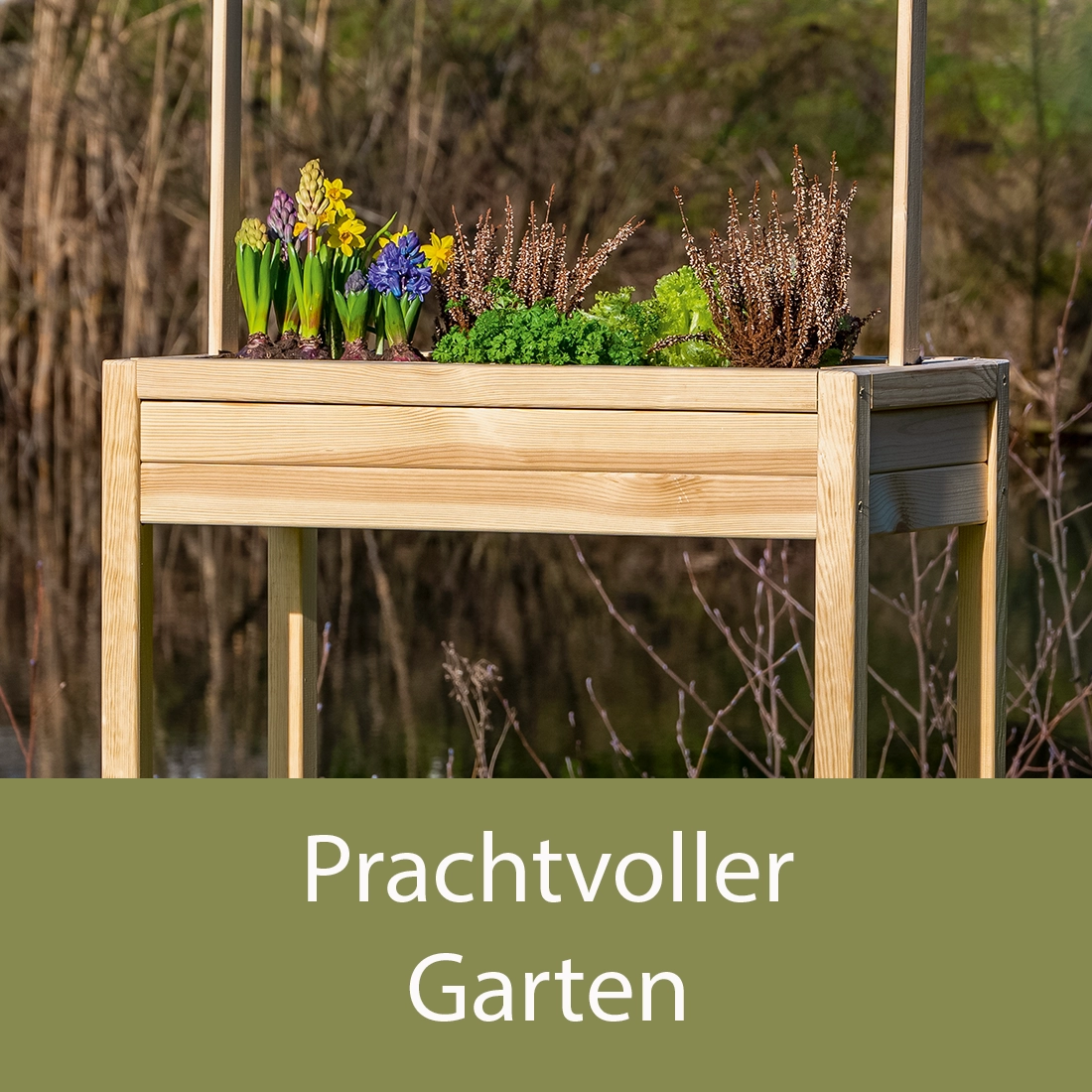 Ein rechteckiger, hölzerner Pflanztisch mit verschiedenen bunten Blumen und grünen Pflanzen steht im Freien. Im Hintergrund sind Bäume und Sträucher zu sehen. Vor dem Tisch befindet sich die Aufschrift „Prachtvoller Garten“. Bild verlinkt zur Seite.