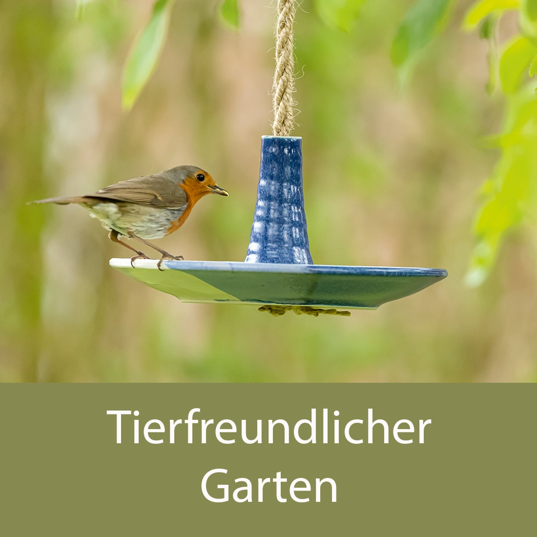 Vogel sitzt auf blauer Futterschale aus Keramik, die an einem Seil hängt, mit grünem unscharfen Hintergrund. Darunter der Text: Tierfreundlicher Garten. Bild verlinkt zur Kategorie.
