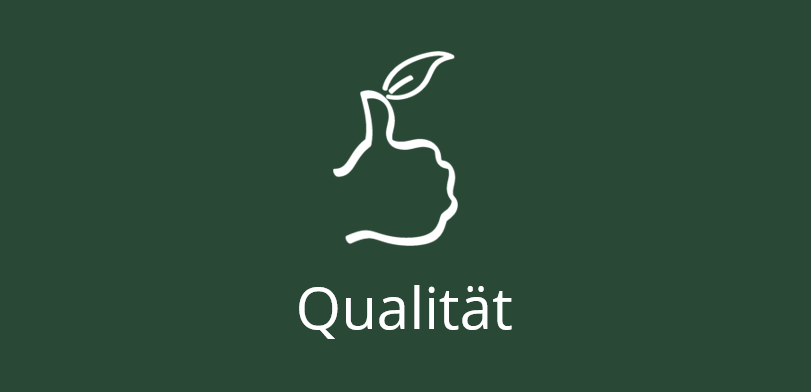 Daumen hoch mit Blatt auf dunkelgrünem Hintergrund, darunter der Text Qualität.