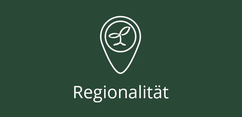 Grünes Icon mit Blatt-Symbol in einer Standortmarkierung über dem Text Regionalität auf dunkelgrünem Hintergrund.