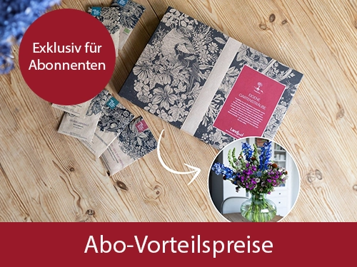 Ein Karton mit Saatgutpäckchen liegt auf einem Holztisch. Ein Extra-Bild zeigt einen Blumenstrauß aus den Samen. Ein roter Kreistext oben rechts zeigt „Exklusiv für Abonnenten“. Auf rotem Balken steht Abo-Vorteilspreise. Bild verlinkt zur Landingpage.