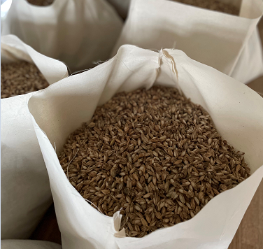 Ein offener Sack aus Naturleinen, gefüllt mit Samen.