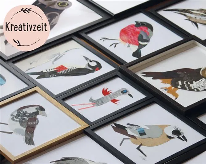 Gerahmte Illustrationen verschiedener Vögel, teils in schwarzem, teils in hellem Rahmen arrangiert. Oben links ein Logo mit der Aufschrift Kreativzeit. Bild verlinkt zum Workshop.