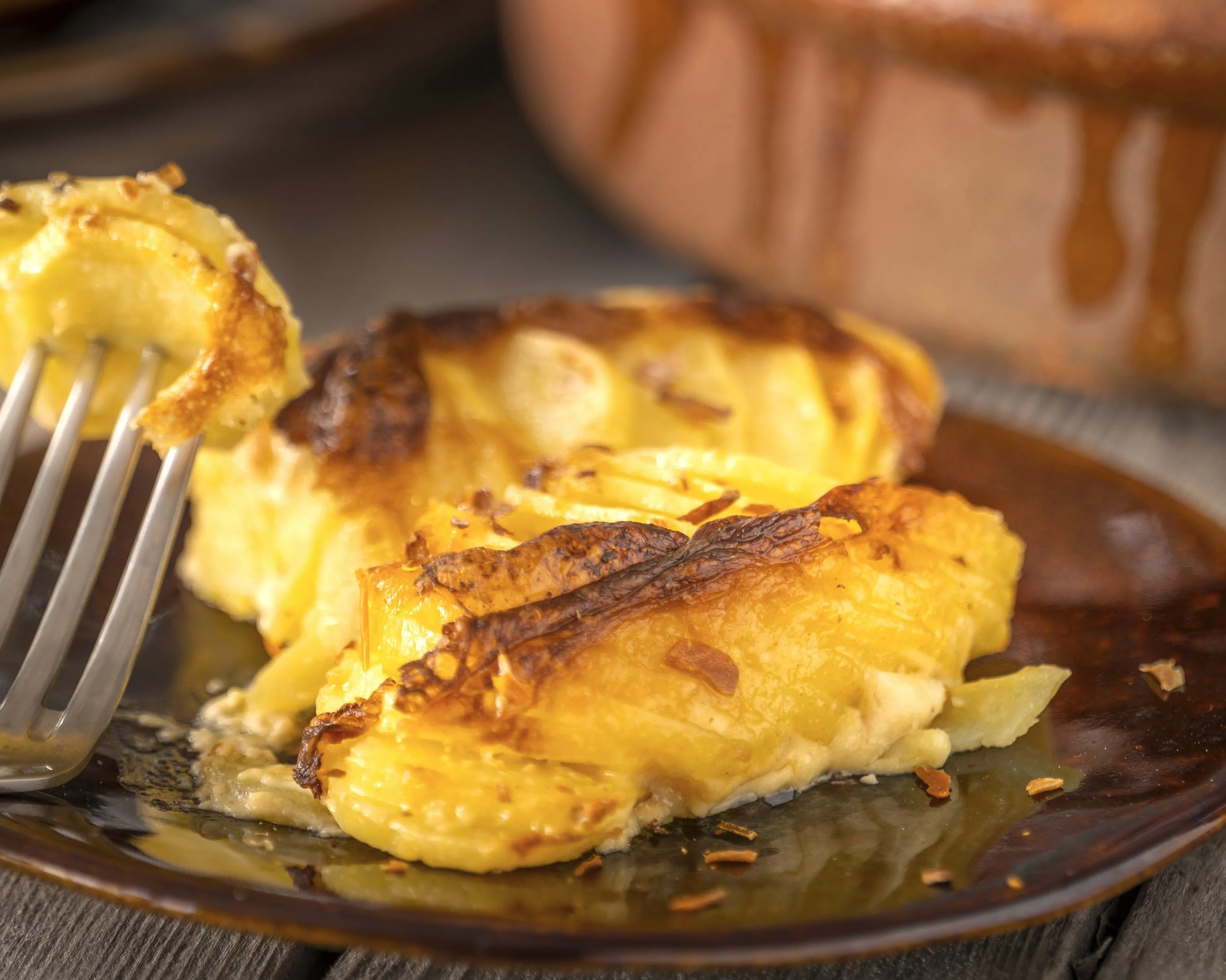 Nahaufnahme eines Tellers mit Kartoffelgratin; goldbraun gebackene Kartoffelscheiben, leicht gebräunte Kruste, mit Gewürzen bestreut. Eine Gabel sticht in ein Stück Gratin. Im Hintergrund unscharf ein Topf. Bild verlinkt zum Workshop.