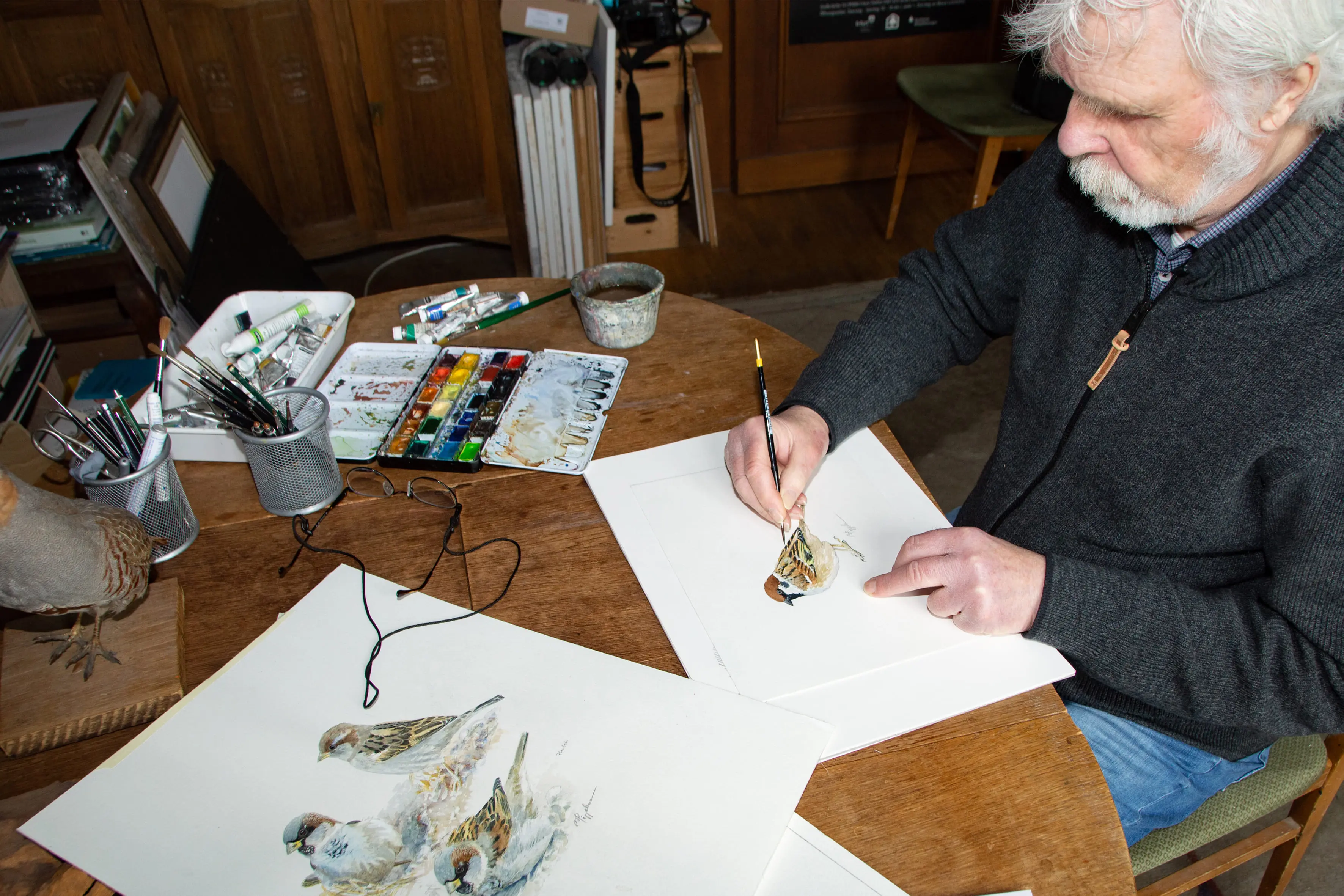 Ein älterer Mann mit grauem Haar und Bart sitzt an einem runden Holztisch und malt mit einem Pinsel einen Vogel auf einem weißen Blatt Papier. Auf dem Tisch liegen weitere Zeichnungen von Vögeln, ein Aquarellkasten, Pinsel in einem Becher, ein Glas mit Wa
