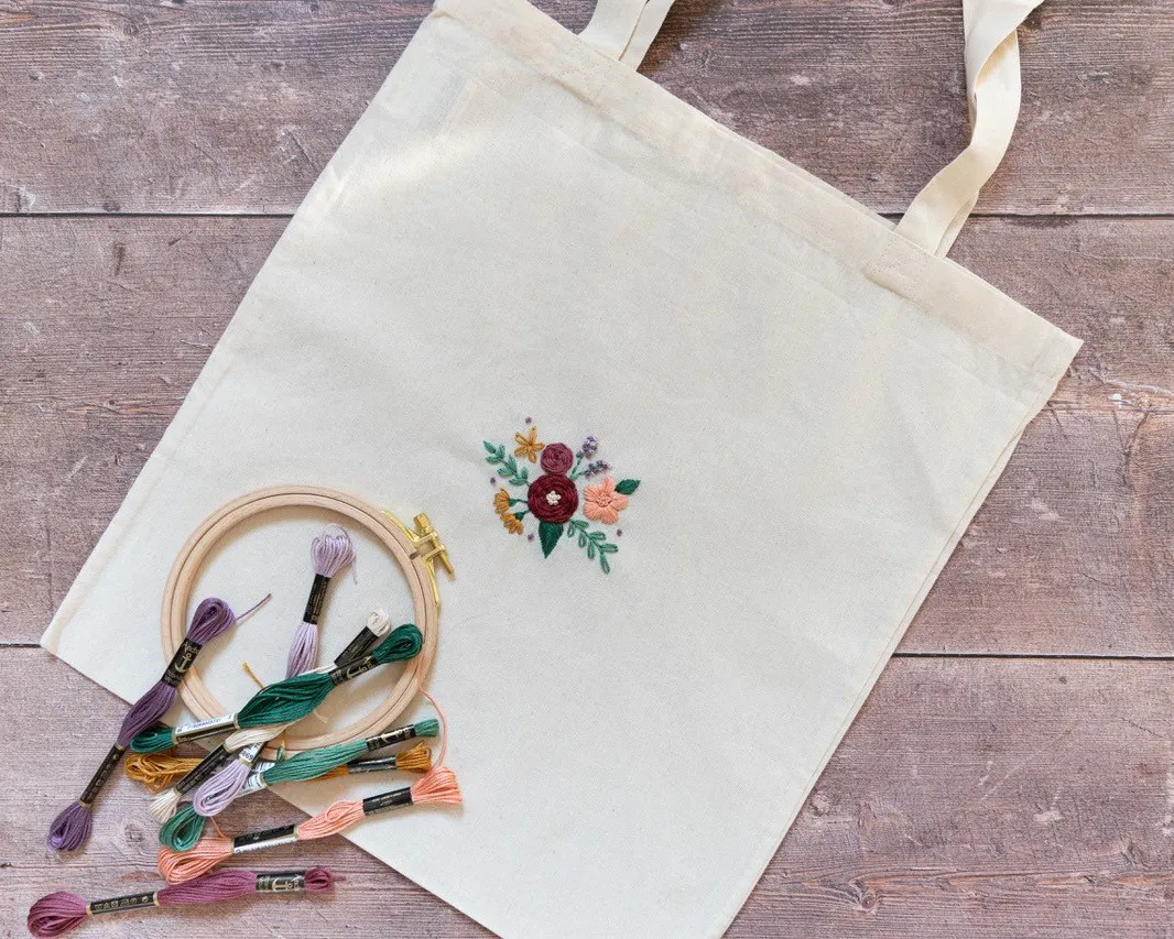 Ein beiger Stoffbeutel liegt auf einem Holztisch. In der Mitte des Beutels ist ein Blumenmuster aufgestickt. Daneben befinden sich ein Stickrahmen, mehrere bunte Stickgarne und eine Sticknadel. Bild verlinkt zum Workshop