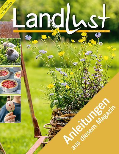 Titelmagazin "Landlust" mit Blumenstrauß im Vordergrund. Linke Seite: Fotos von Erdbeerkuchen, Schaf, buntem Eis. Diagonaler Banner Anleitungen aus diesem Magazin. Hintergrund: verschwommener grüner Garten. Bild verlinkt zur Anleitung.