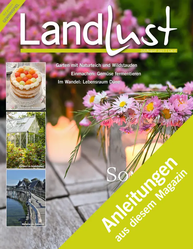 Magazin-Cover der „Landlust“ . Zentral ein Strauß pinker und weißer Blumen in Glasvasen. Oben links drei kleinere Bilder: Erdbeertorte, Glashaus in Garten, Holzsteg über Wasser. Banner mit Text „Anleitungen aus diesem Magazin. Bild verlinkt zum Produkt.