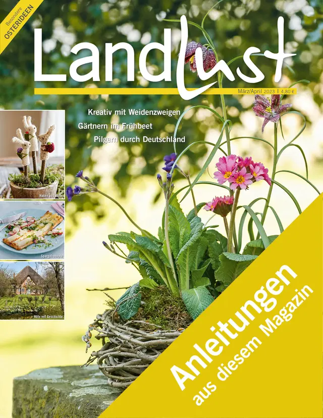 Titelbild des Magazins "Landlust" mit Frühlingsdekoration aus Weidenzweigen und Blumenarrangements. Linke Seite zeigt drei kleine Fotos mit Garten- und Dekorationsszenen. Gelber Banner: Anleitungen aus diesem Magazin. Bild verlinkt zur Anleitung.