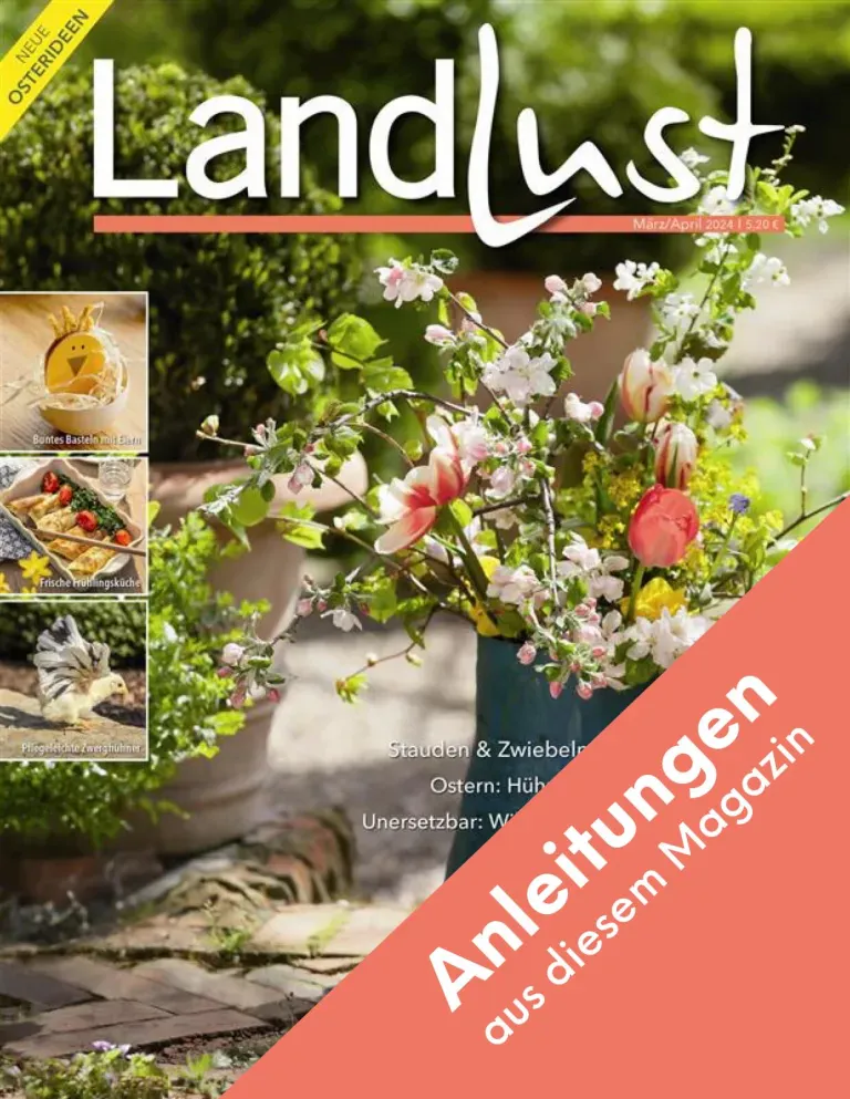 Cover der Zeitschrift "Landlust" mit blühenden Zweigen und Blumen. Links drei Bilder mit kulinarischen Motiven. Schriftzug: Anleitungen aus diesem Magazin auf orangefarbenem Band. Bild verlinkt zur Anleitung.