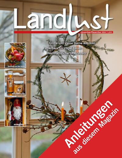 Cover des Magazins Landlust mit Adventsdekoration und Kerzen. Links kleine Bilder: Apfeldessert, Weihnachtsfigur und Getränkeflaschen. Roter diagonaler Banner mit Text Anleitungen aus diesem Magazin. Fenster im Hintergrund. Bild verlinkt zur Anleitung.