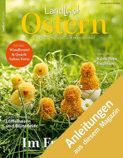Titelblatt einer Zeitschrift mit Osterdeko aus flauschigen gelben Küken auf Gras. Themen: Windbeutelbacken, Körbchen flechten. Text: Anleitungen aus diesem Magazin. Erscheinungspreis: 3,80 Euro. Oberer Text Landlust Ostern. Bild verlinkt zur Anleitung.