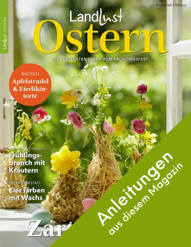 Magazin Landlust Ostern mit Blumenarrangement und Eiern im Vordergrund; Themen: Apfelstrudel, Eierlikörtorte, Frühlingsbrunch, Eierfärben mit Wachs. Grüner Bannertext: Anleitungen aus diesem Magazin. Bild verlinkt zur Anleitung.