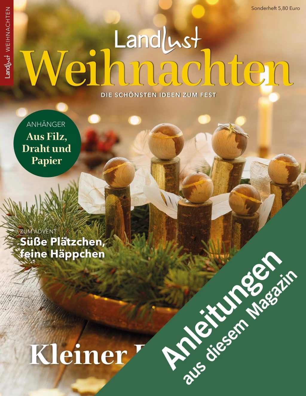 Zeitschriftencover Landlust Weihnachten mit festlicher Dekoration; Kerzen, Tannenzweige, Kugeln; Textinhalte: Anleitungen, Ideen, Plätzchen. Diagonales Banner mit Anleitungen aus diesem Magazin. Bild verlinkt zur Anleitung.